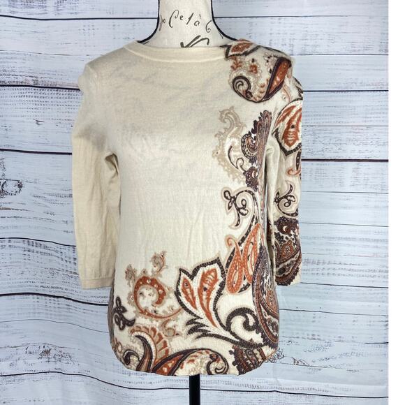 Talbots Light Wool Sweater Womens Petites Sp Paisley 3/4 Sleeves - Picture 1 of 10